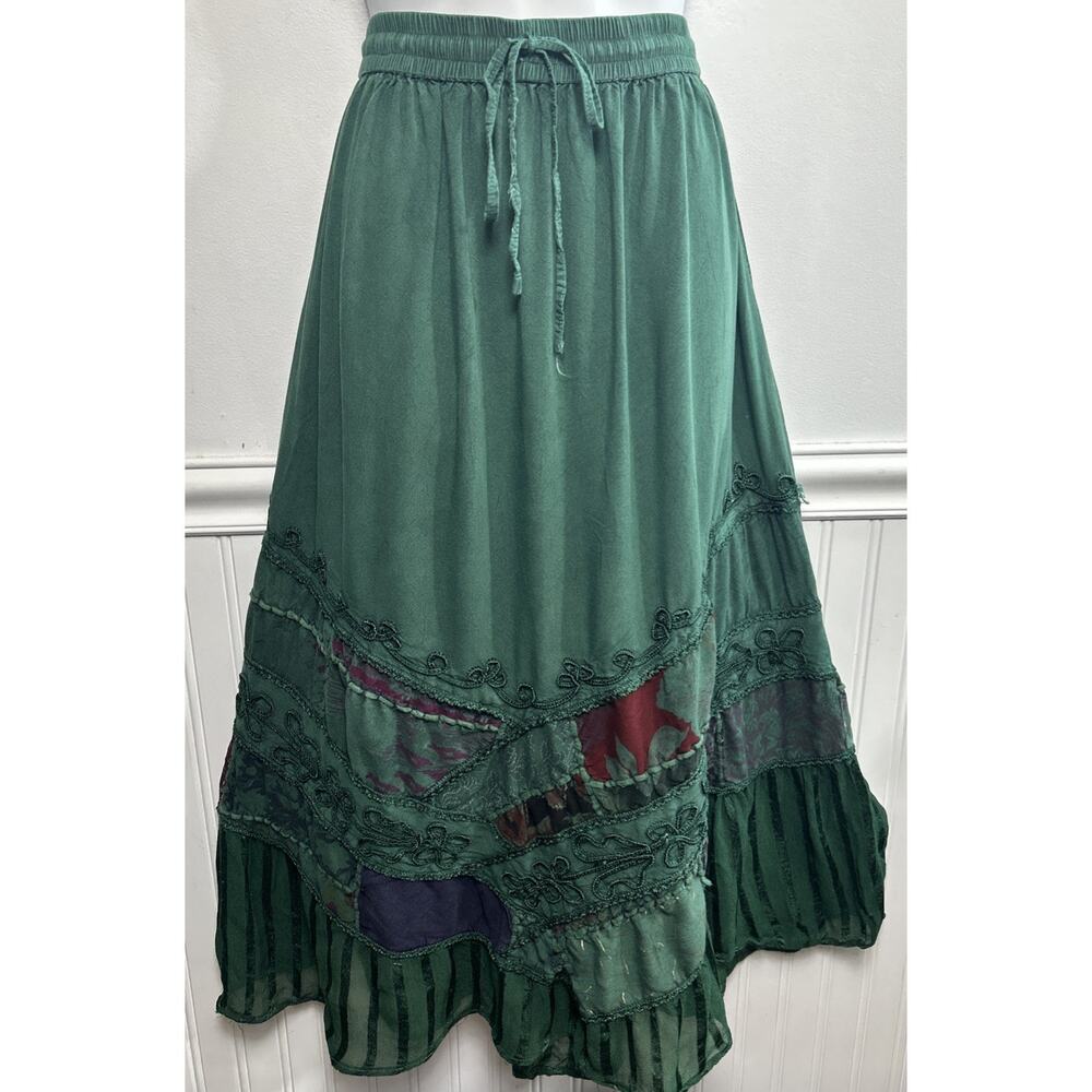 Vtg Kirat Patchwork Embroidered Boho Skirt M Hippie Green Festival Artsy Whimsy